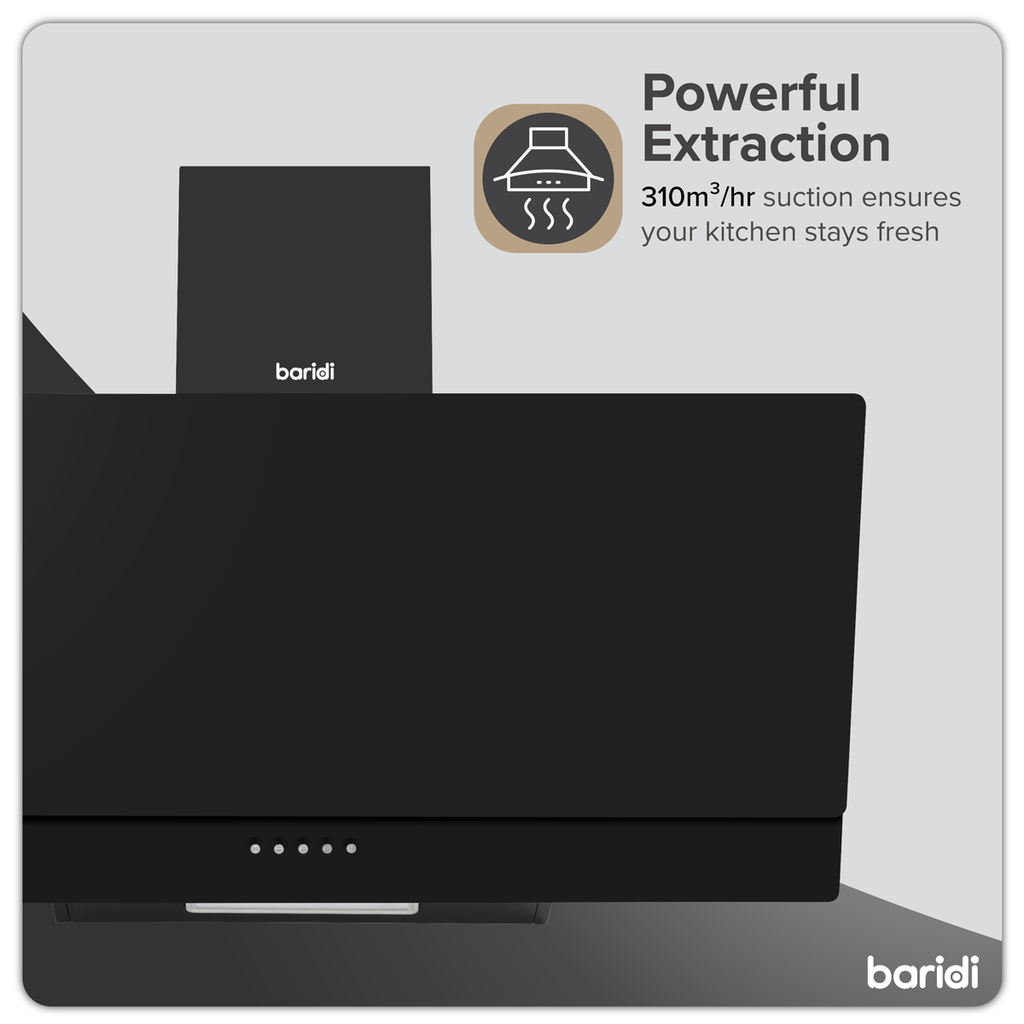 Baridi Angled Chimney Cooker Hood with Carbon Filters & LED Lamp 90cm - Black Glass DH106