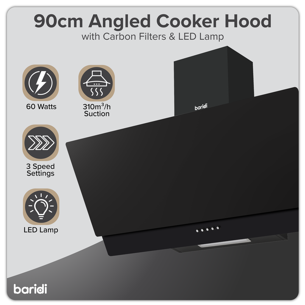 Baridi Angled Chimney Cooker Hood with Carbon Filters & LED Lamp 90cm - Black Glass DH106