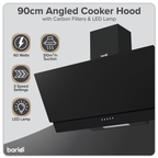 Baridi Angled Chimney Cooker Hood with Carbon Filters & LED Lamp 90cm - Black Glass DH106
