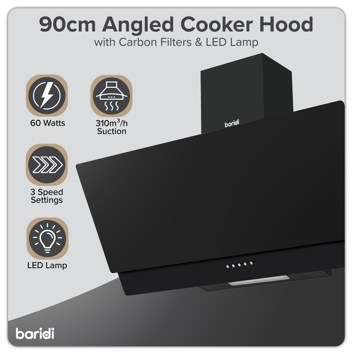 Baridi Angled Chimney Cooker Hood with Carbon Filters & LED Lamp 90cm - Black Glass DH106