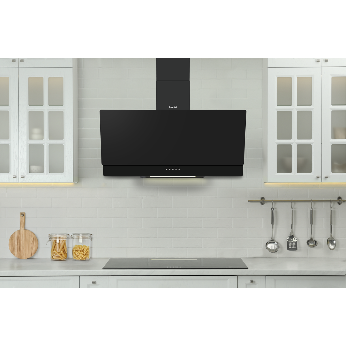 Baridi Angled Chimney Cooker Hood with Carbon Filters & LED Lamp 90cm - Black Glass DH106