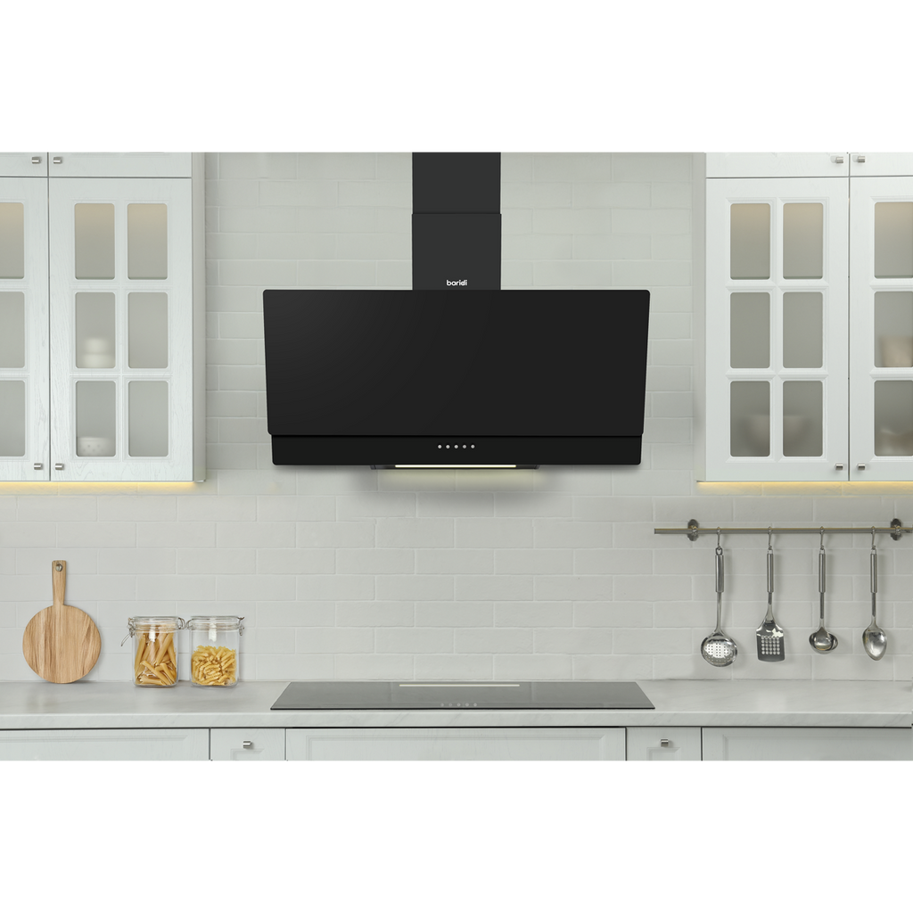 Angled Chimney Cooker Hood with Carbon Filters & LED Lamp 90cm - Black Glass DH106