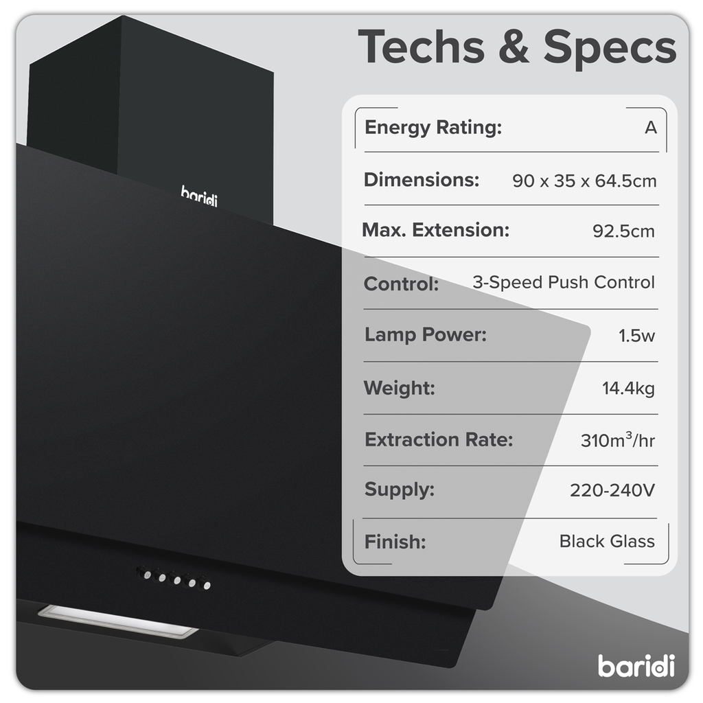 Baridi Angled Chimney Cooker Hood with Carbon Filters & LED Lamp 90cm - Black Glass DH106
