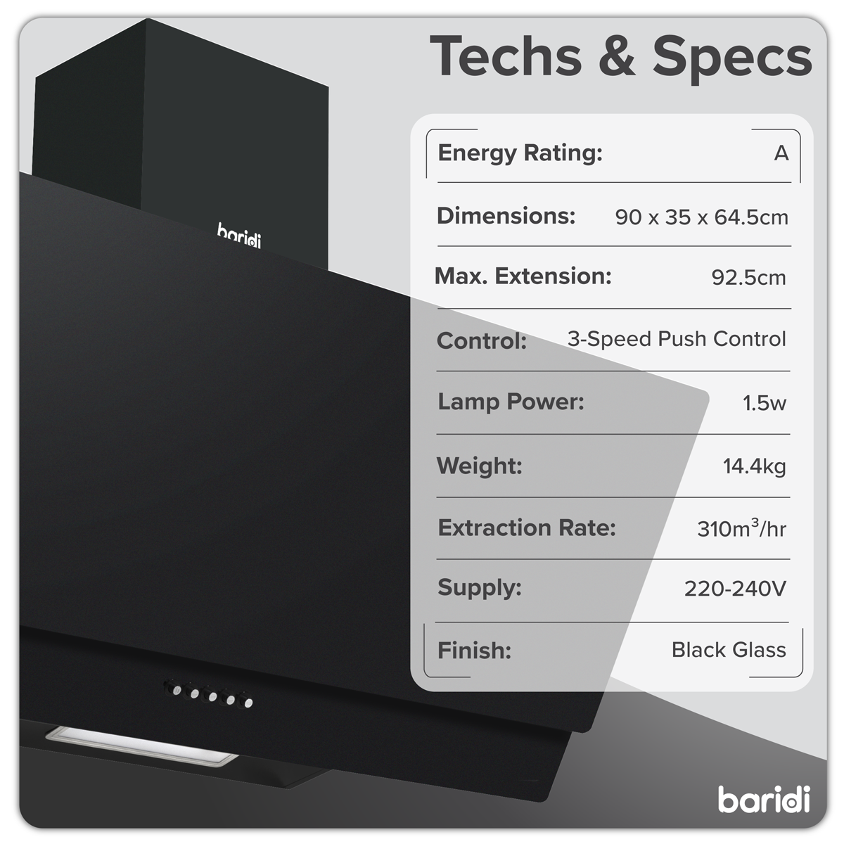 Baridi Angled Chimney Cooker Hood with Carbon Filters & LED Lamp 90cm - Black Glass DH106