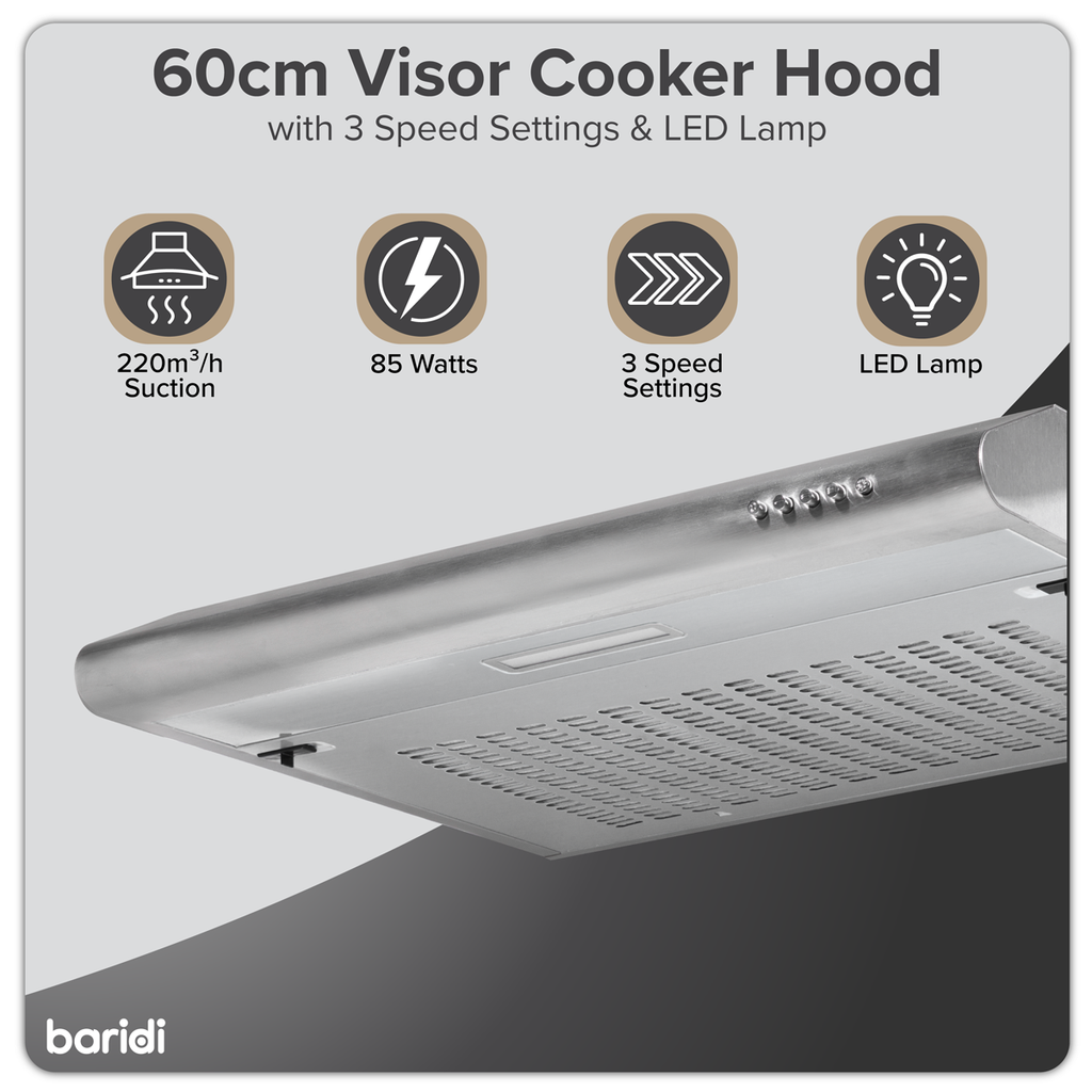 Baridi Visor Cooker Hood Extractor Fan 60cm - Stainless Steel DH108
