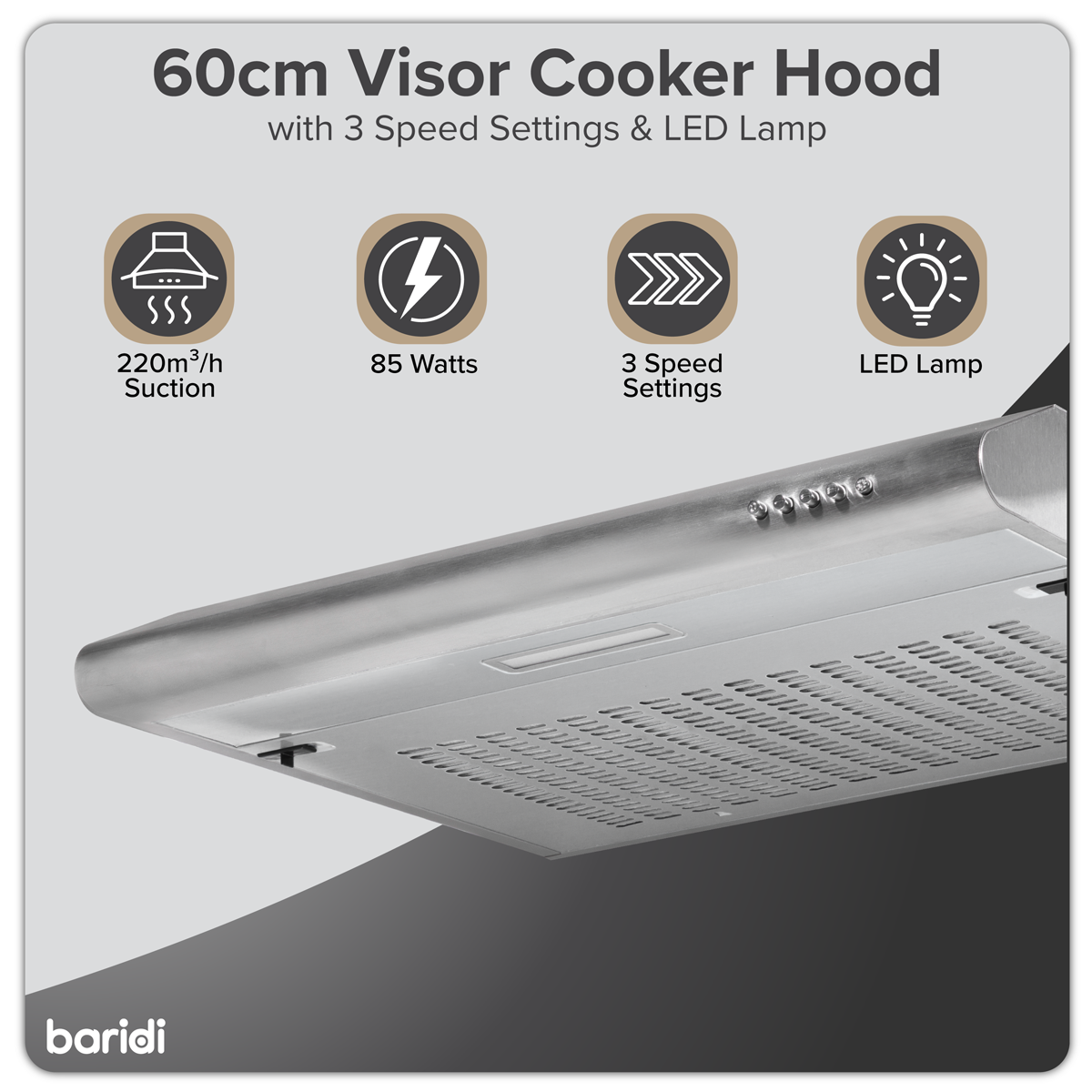 Baridi Visor Cooker Hood Extractor Fan 60cm - Stainless Steel DH108