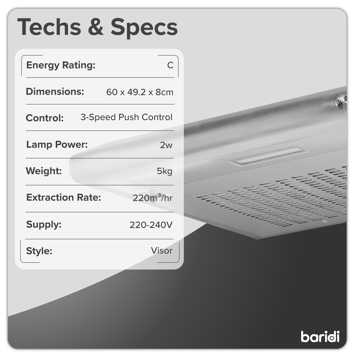 Baridi Visor Cooker Hood Extractor Fan 60cm - Stainless Steel DH108