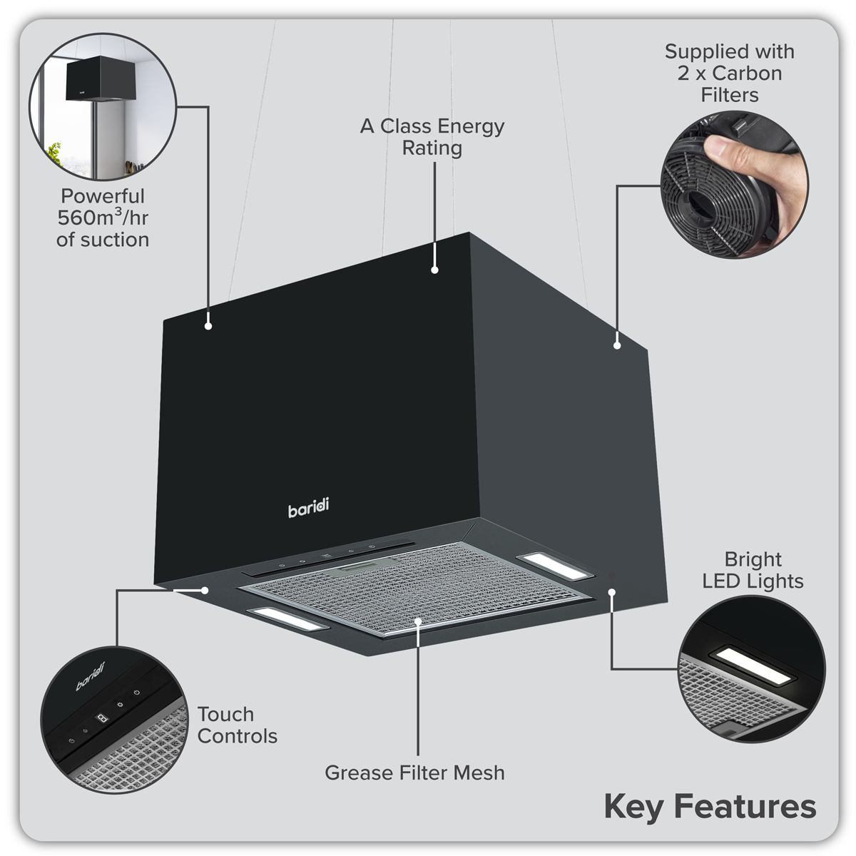 Square Island Cooker Hood 40cm - Black DH109