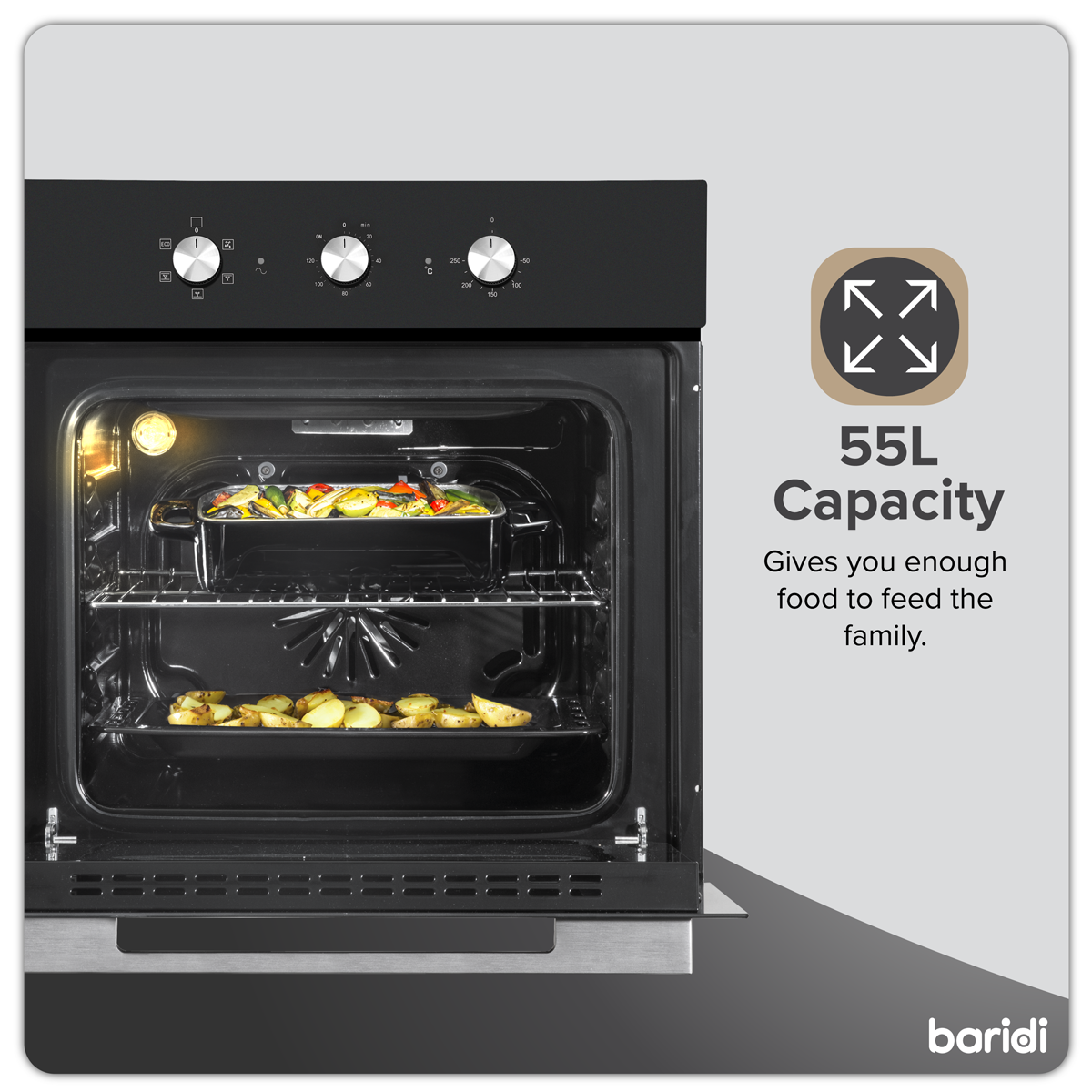 Baridi Built-In 5-Function Fan Assisted Oven with Timer 60cm, 55L Capacity - Black DH110