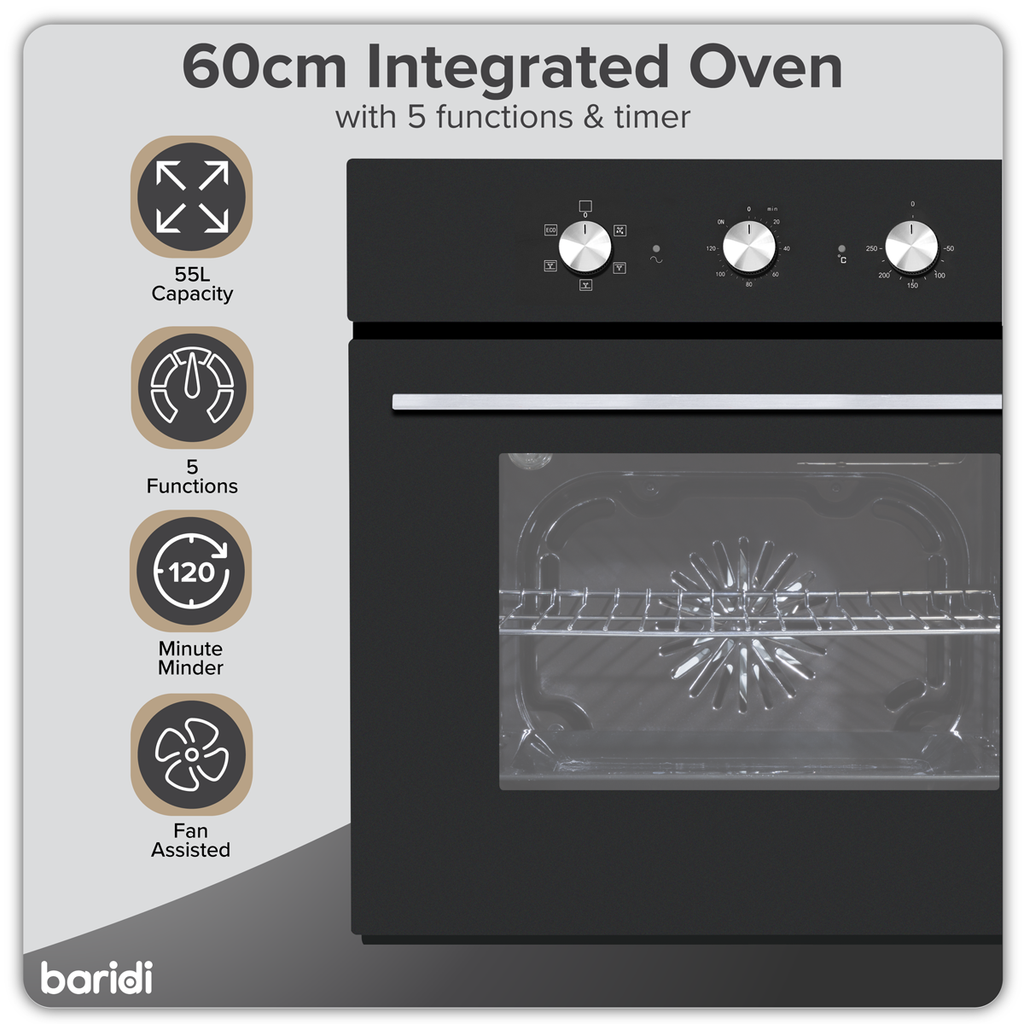 Baridi Built-In 5-Function Fan Assisted Oven with Timer 60cm, 55L Capacity - Black DH110