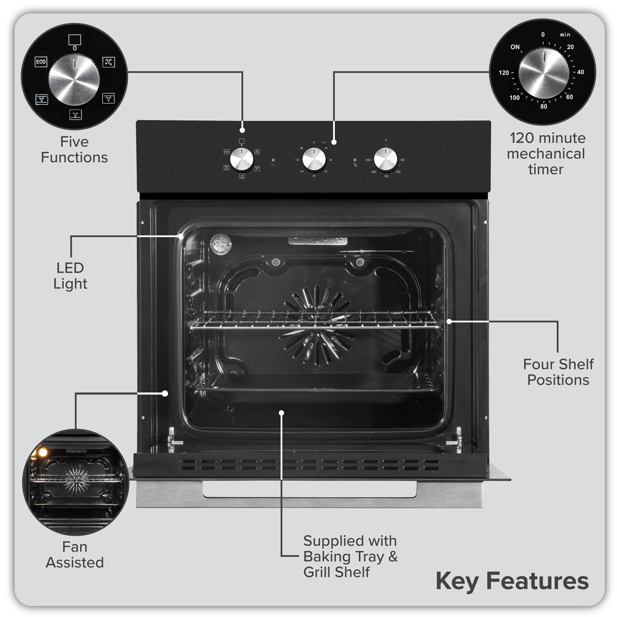 Baridi Built-In 5-Function Fan Assisted Oven with Timer 60cm, 55L Capacity - Black DH110