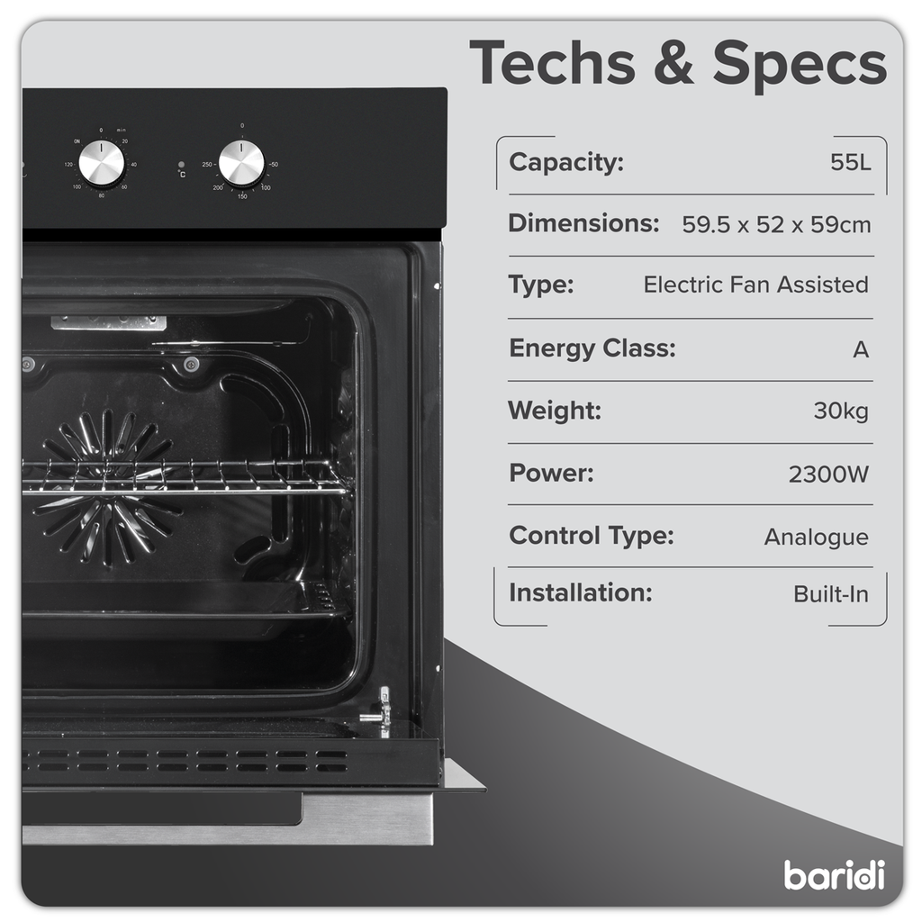 Baridi Built-In 5-Function Fan Assisted Oven with Timer 60cm, 55L Capacity - Black DH110