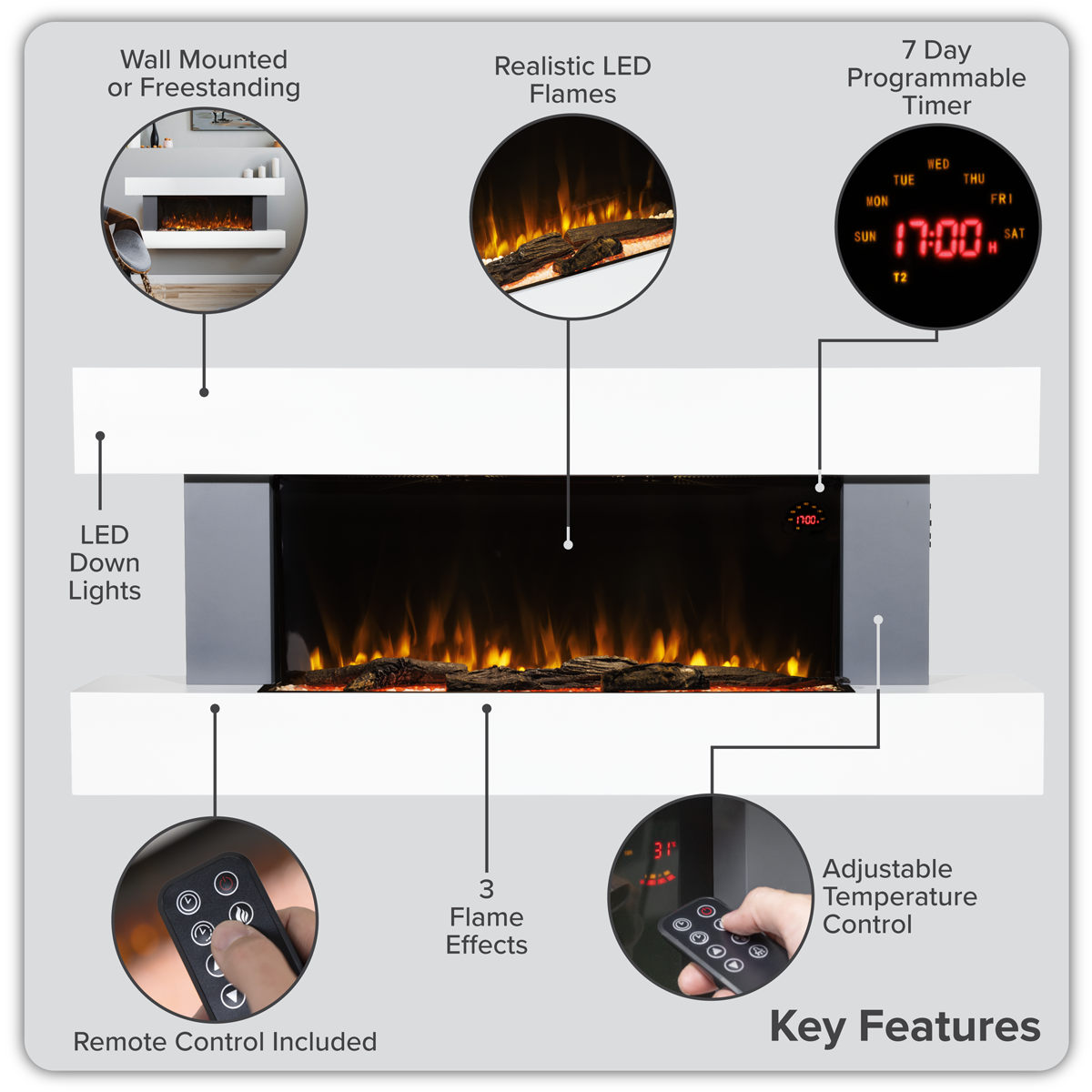 Wall Mounting Electric Fireplace with LED Flame Effect 52" - Grey DH112