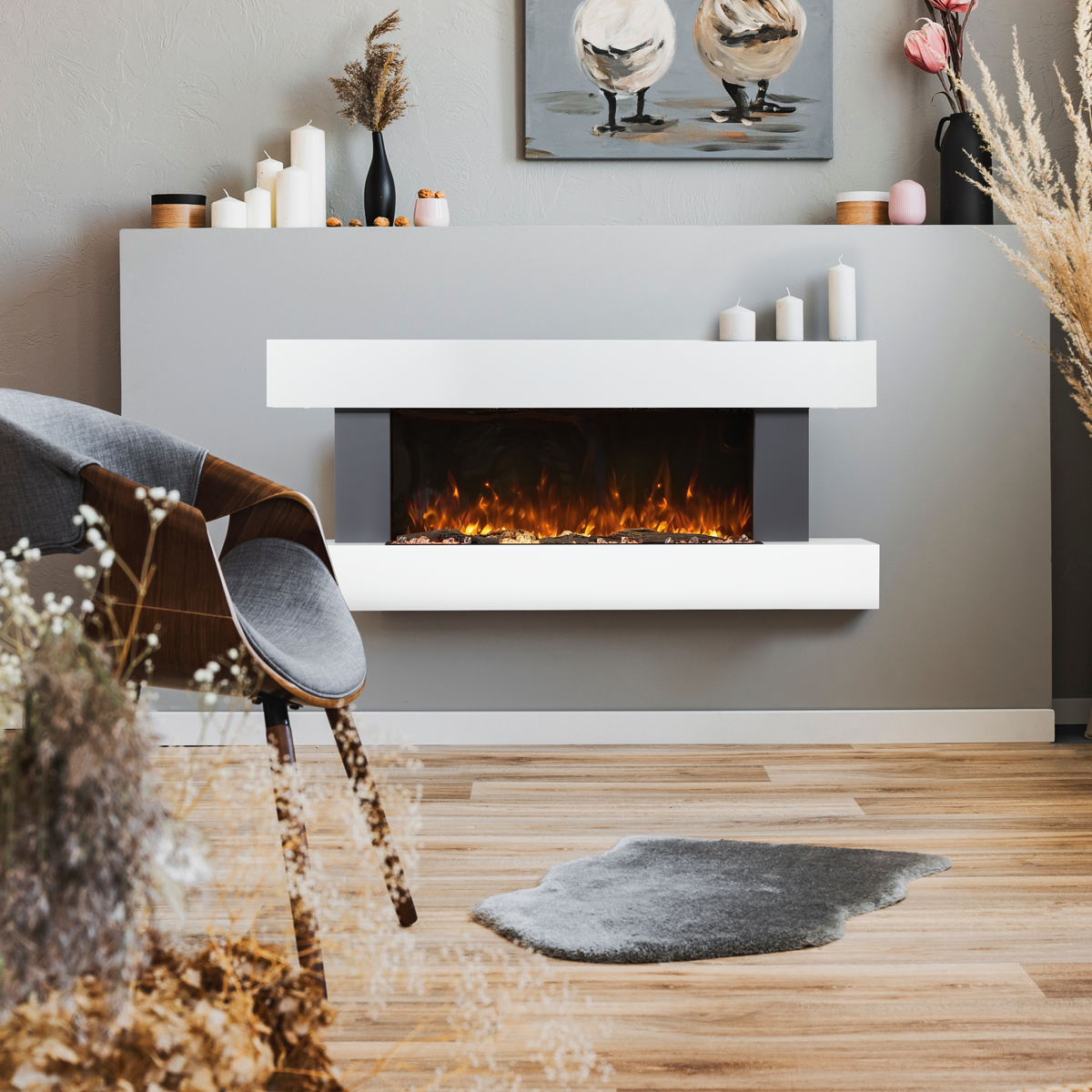 Wall Mounting Electric Fireplace with LED Flame Effect 52" - Grey DH112