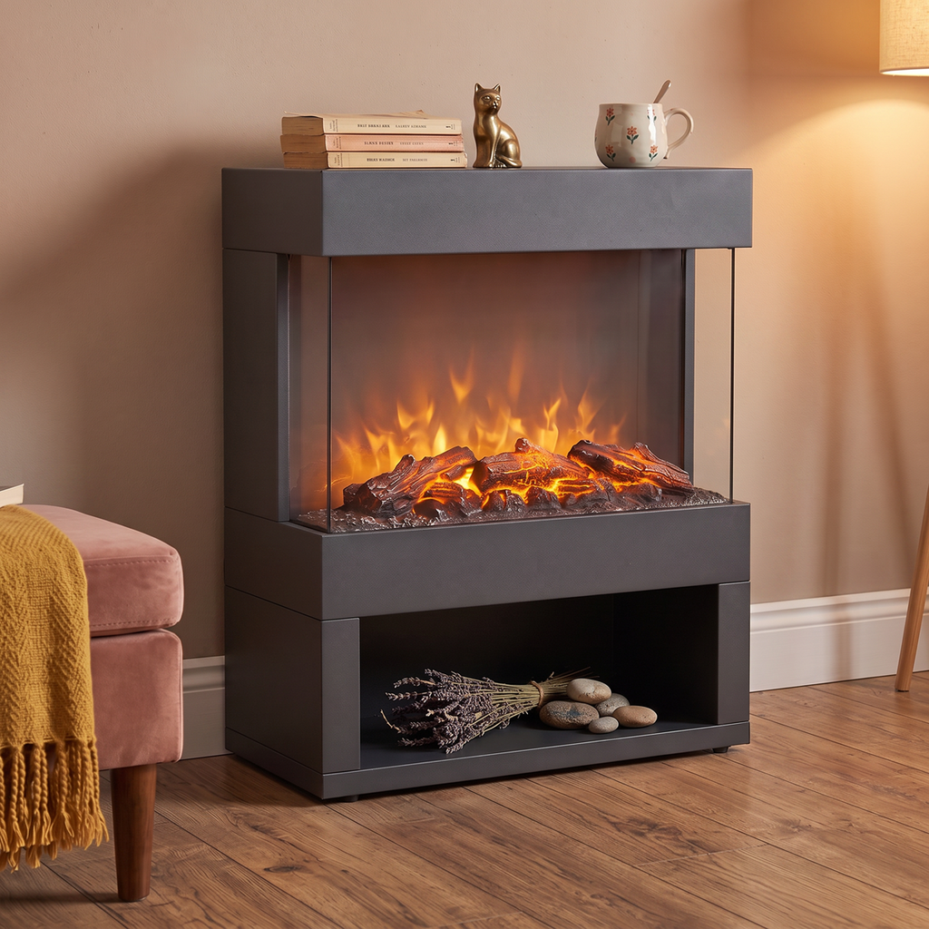Electric Stove Heater Fireplace with LED Log Flame Effect & Wood Storage 1800W – Black DH122