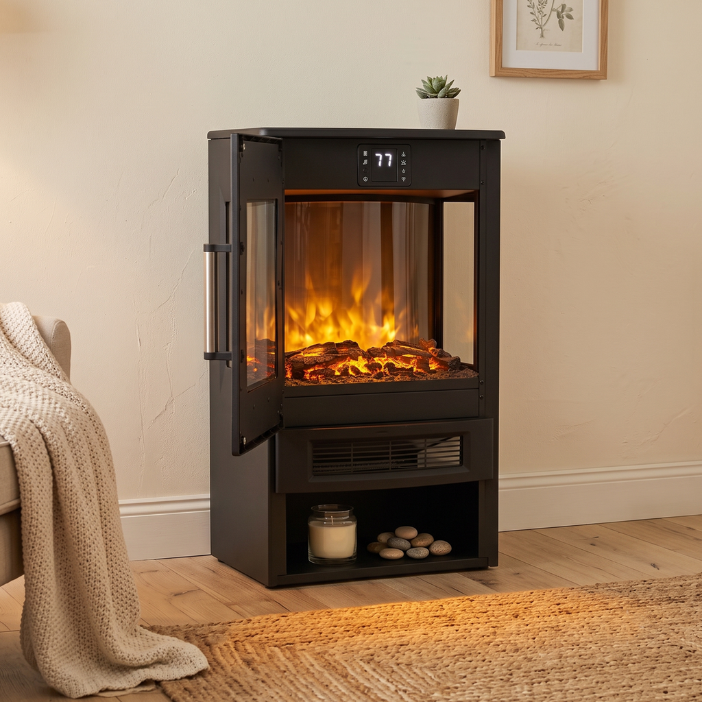 Electric Panoramic Stove Heater with LED Flame Effect & Log Storage 1800W - Black DH123