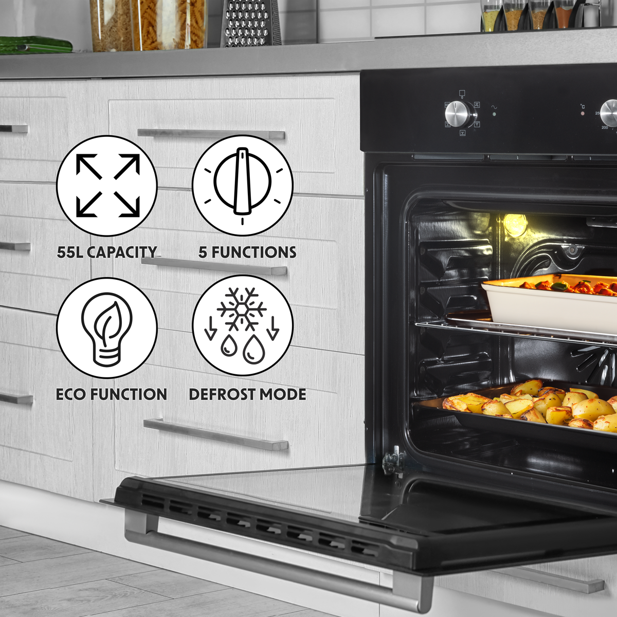 Integrated Fan-Assisted Electric Oven 60cm 55L Capacity - Black DH124
