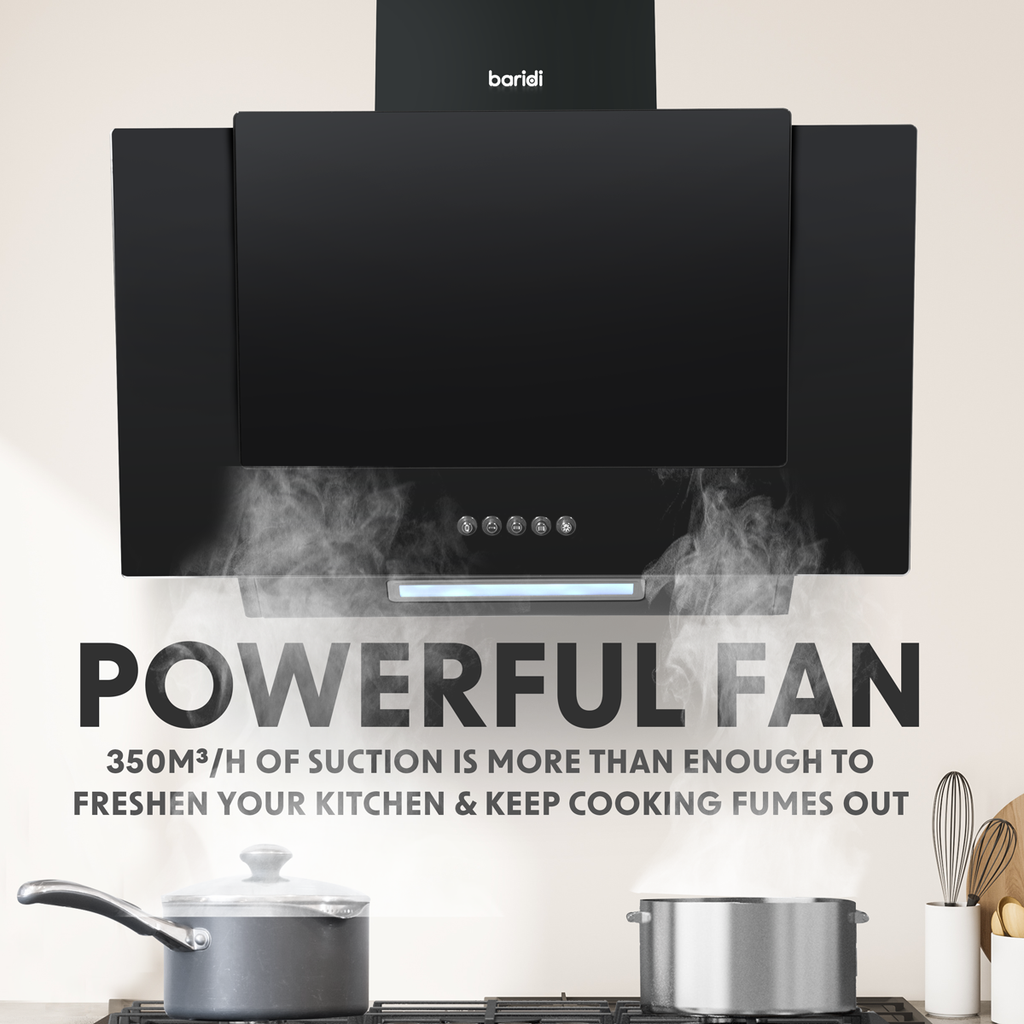 Angled Chimney Cooker Hood with Carbon Filters & LED Lamp - Black Glass DH129
