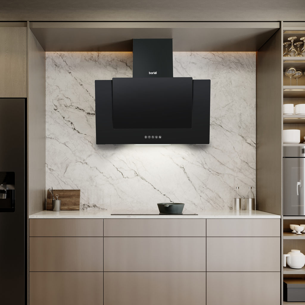 Angled Chimney Cooker Hood with Carbon Filters & LED Lamp - Black Glass DH129
