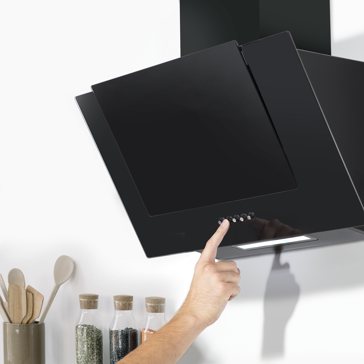 Angled Chimney Cooker Hood with Carbon Filters & LED Lamp - Black Glass DH129