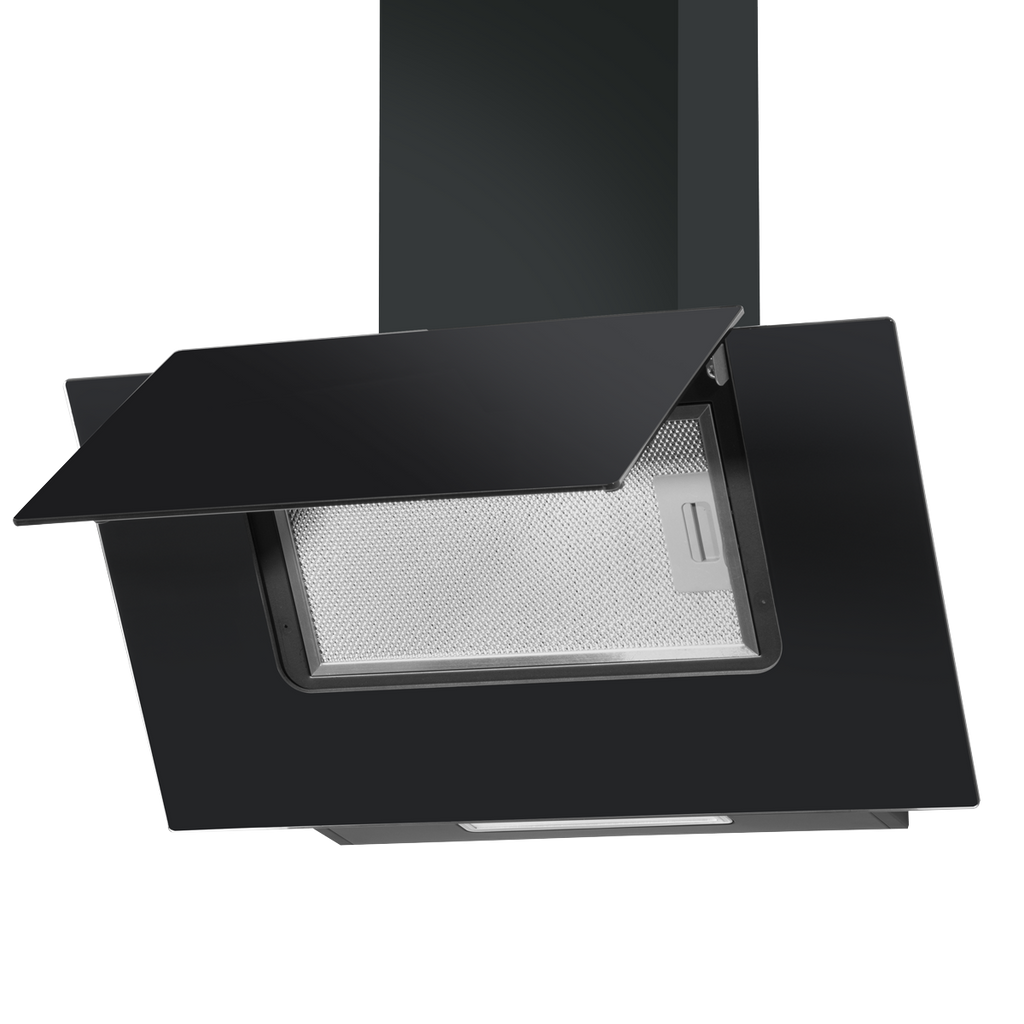Angled Chimney Cooker Hood with Carbon Filters & LED Lamp - Black Glass DH129
