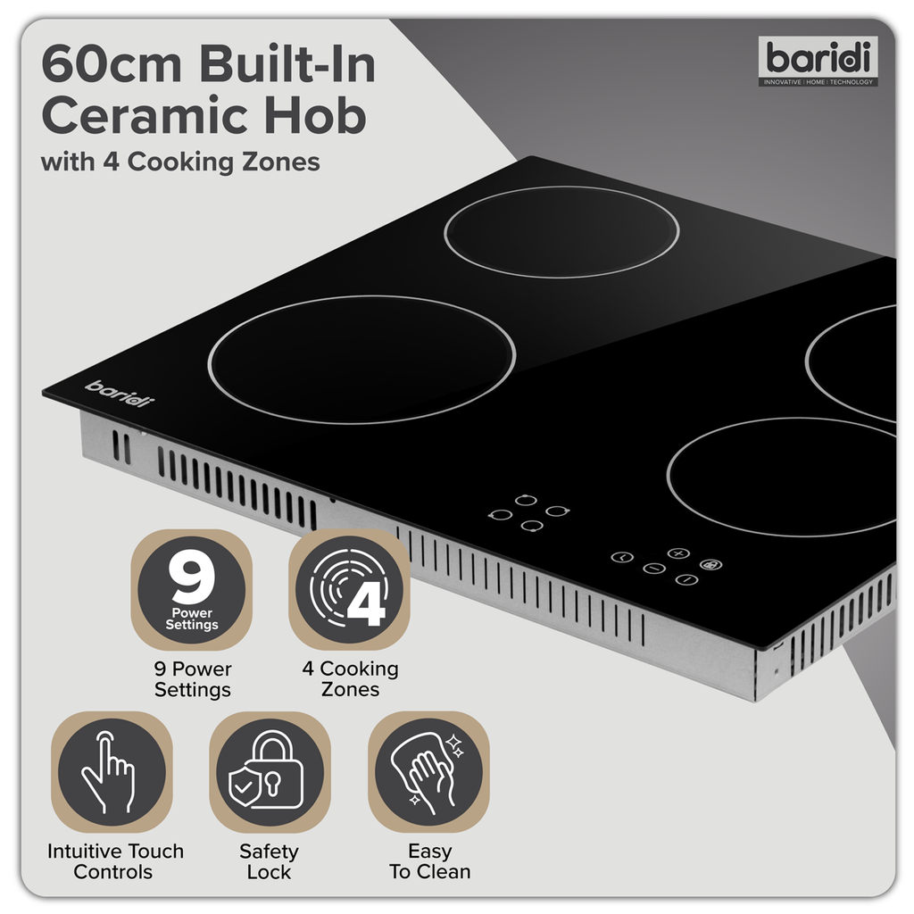 Integrated Ceramic Hob with 4 Cooking Zones 60cm - Black Glass DH131