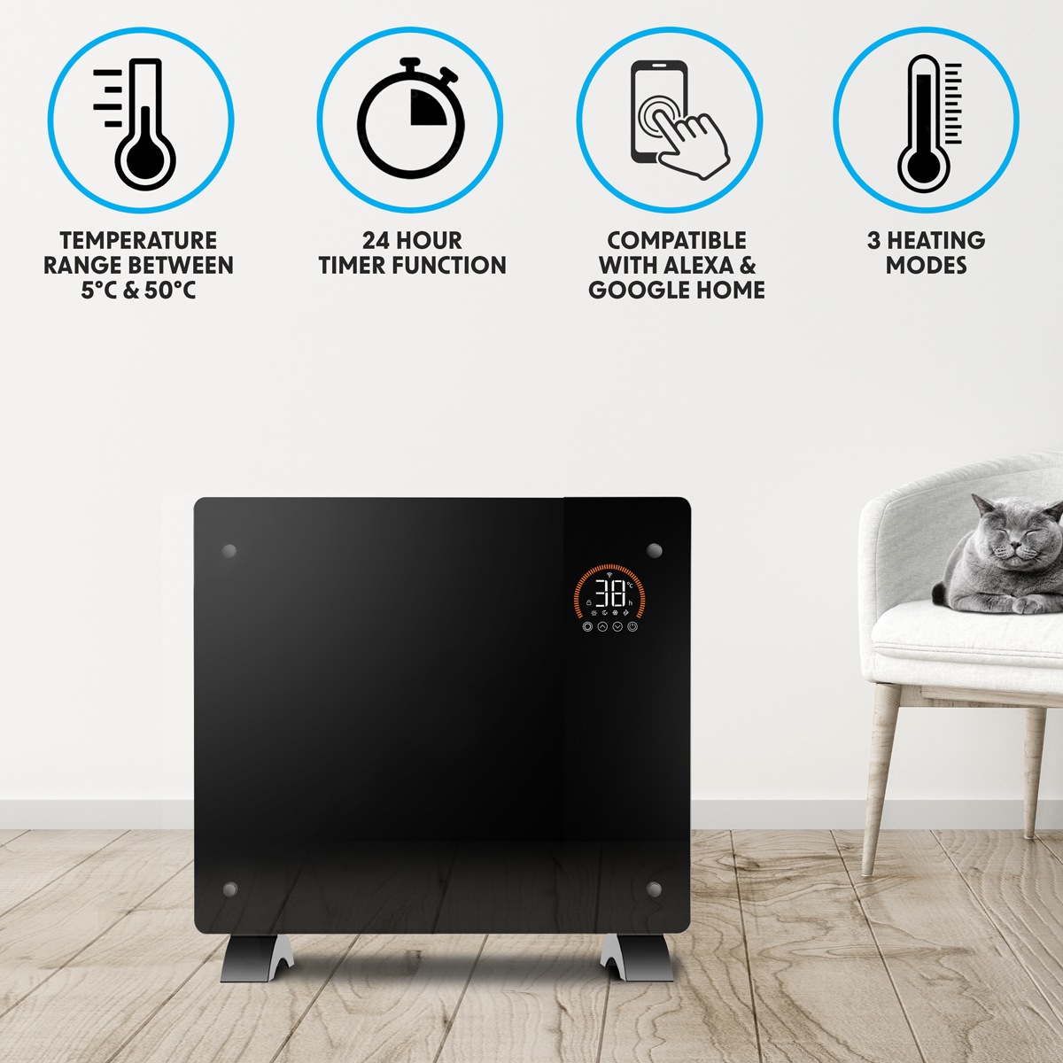 Electric Glass Panel Heater 1000W/230V - Black DH135