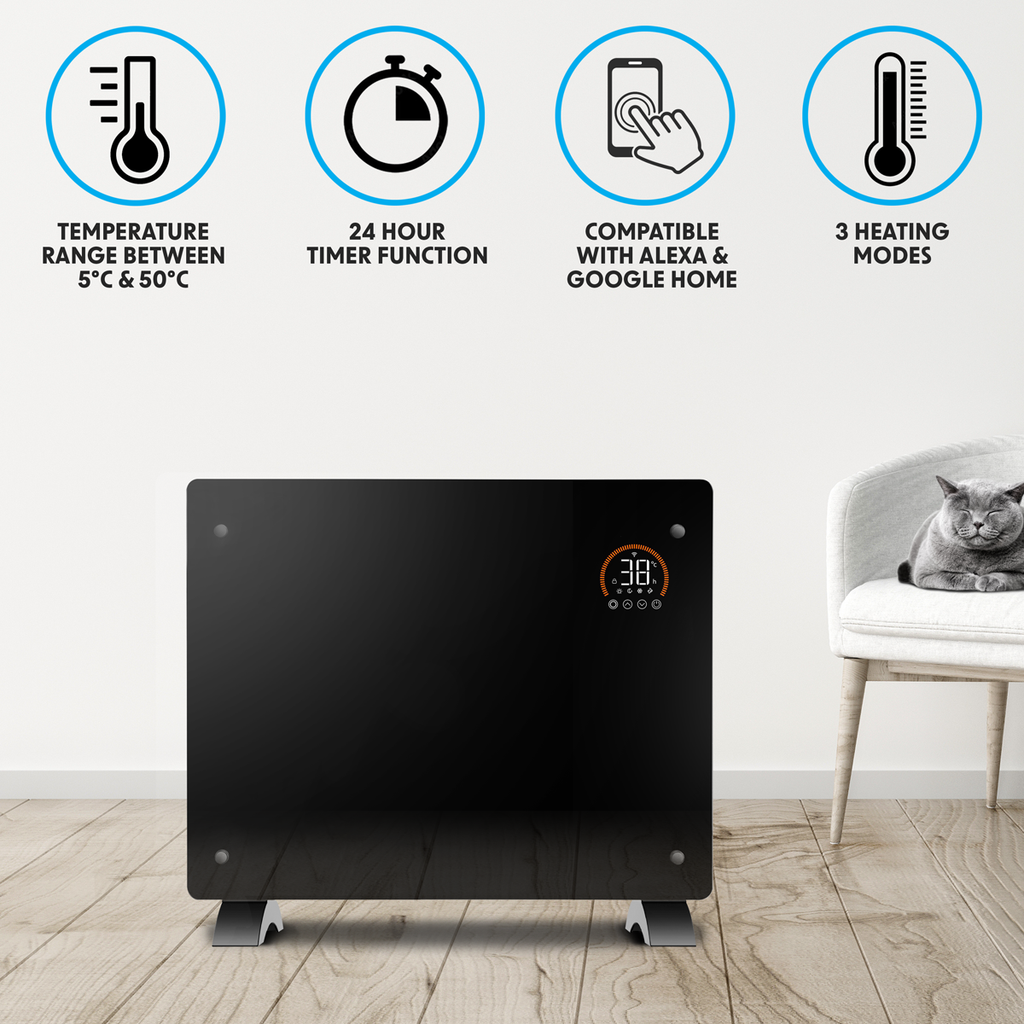 Baridi 1500W Electric Glass Panel Heater with 24/7 Timer, Remote Control & Wi-Fi - Black DH137