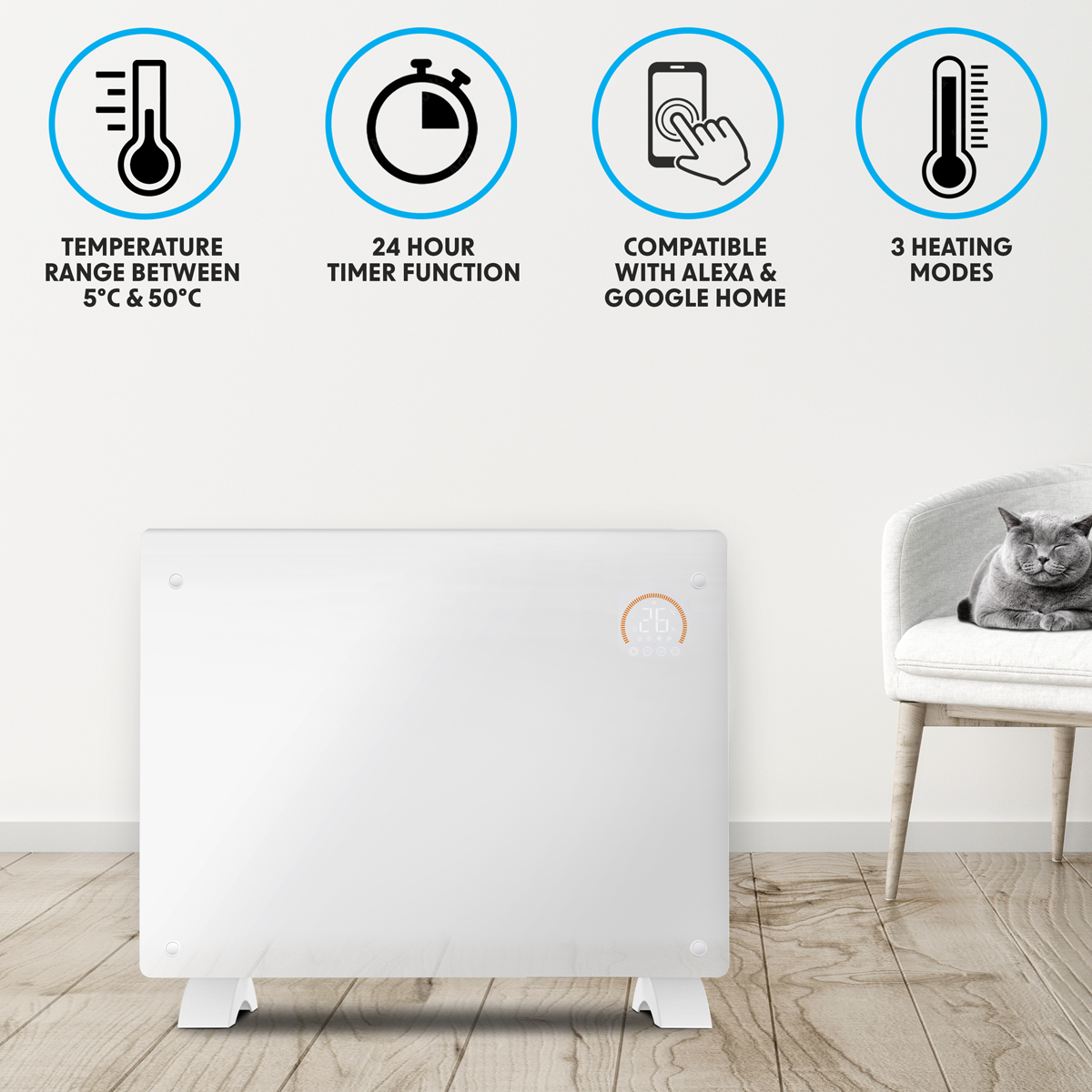 Baridi 1500W Electric Glass Panel Heater with 24/7 Timer, Remote Control & Wi-Fi - White DH138