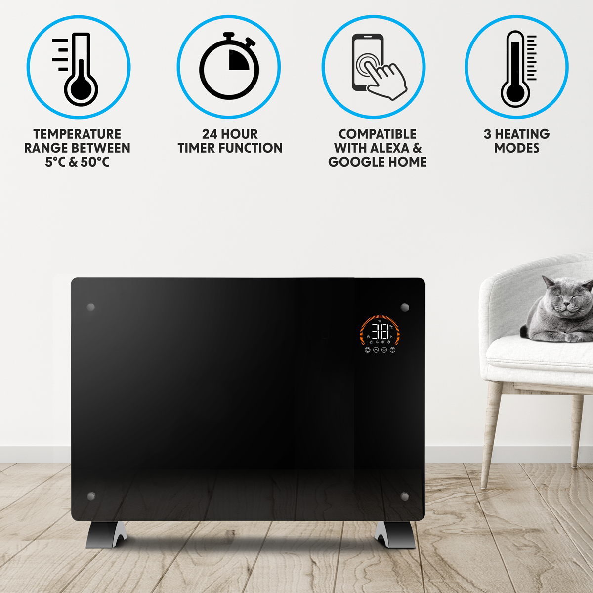 Electric Glass Panel Heater 2000W/230V - Black DH139
