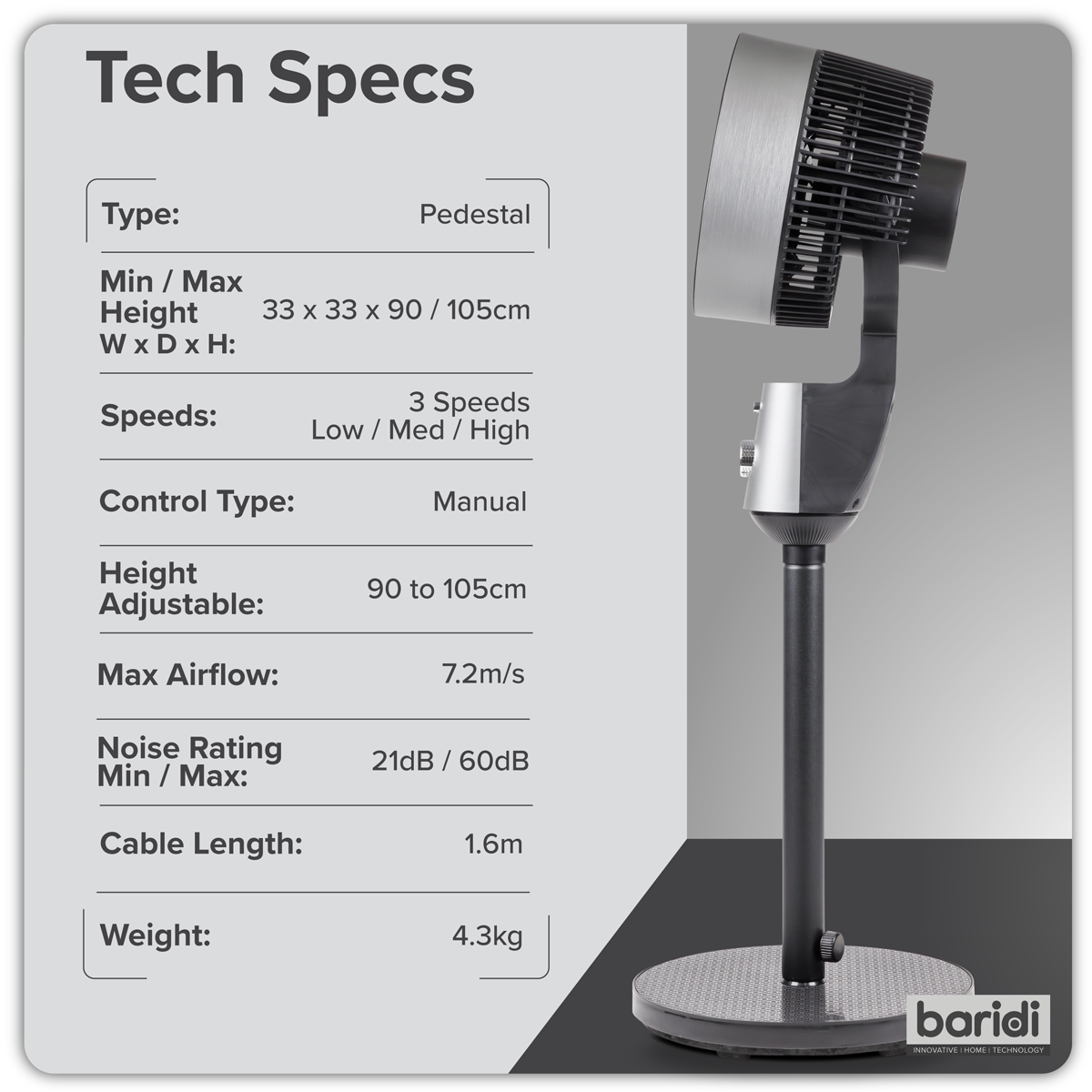 10" Pedestal Fan with Manual Control 230V - Grey DH142