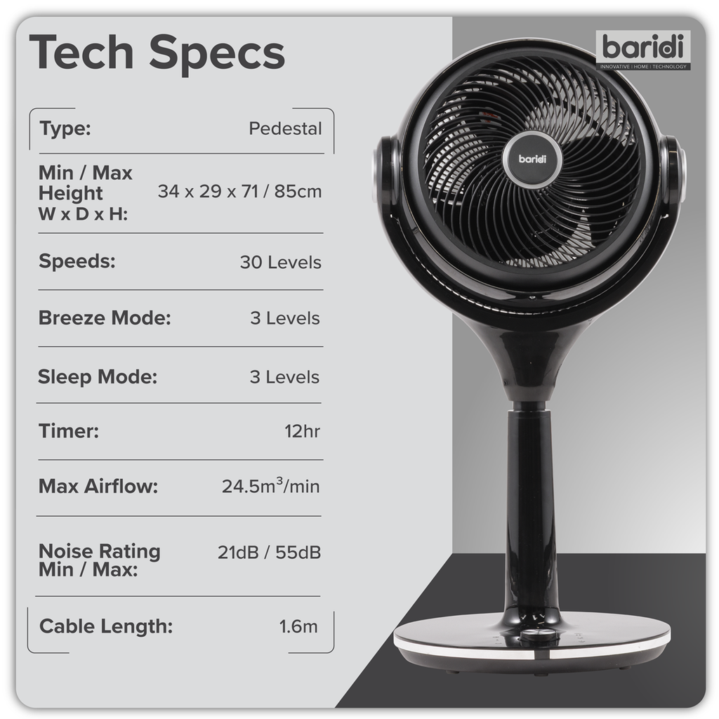 10" Pedestal Fan with Remote Control & 12hr Timer 230V - Black DH143