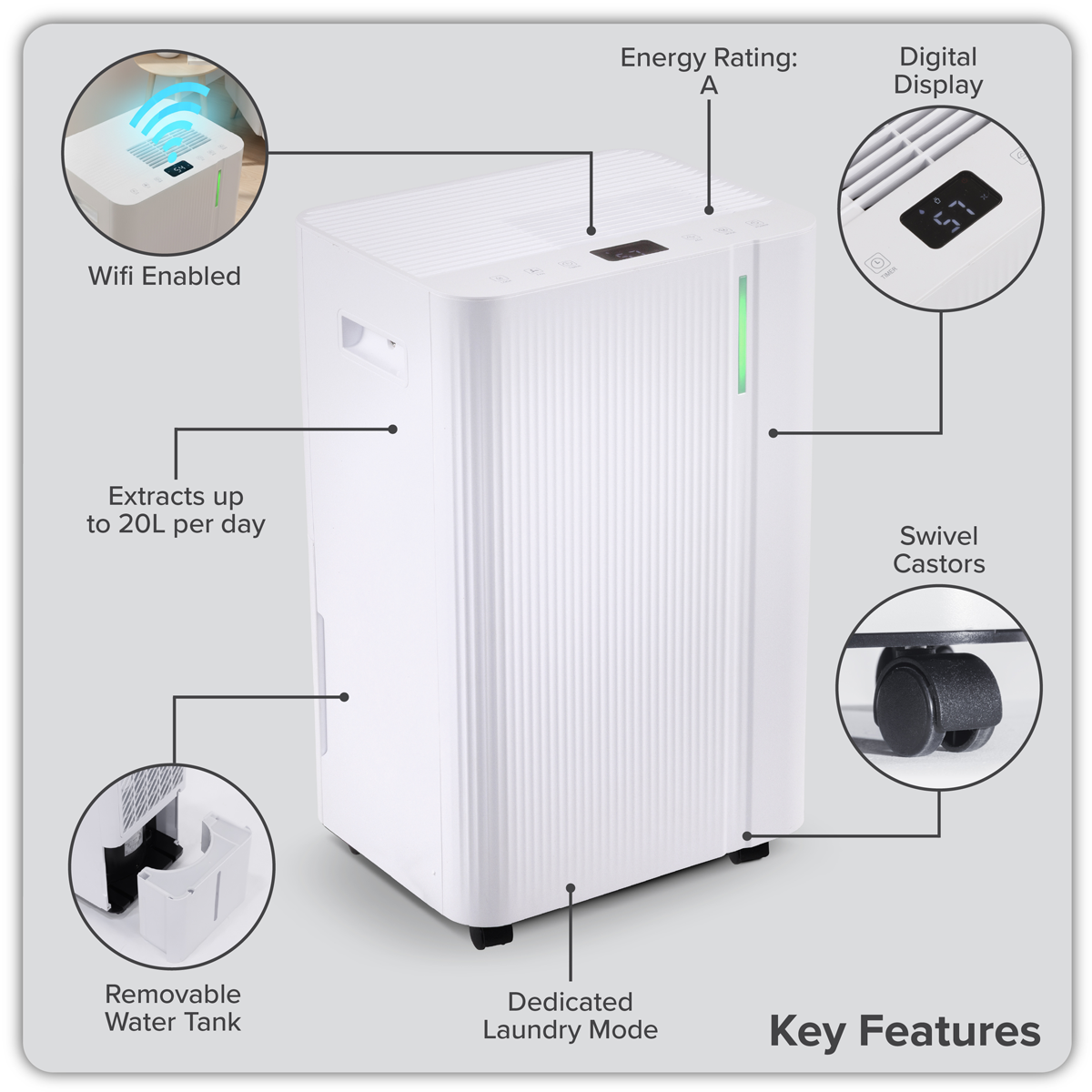 Dehumidifier with Digital Display & 24hr Timer 20L - White DH148