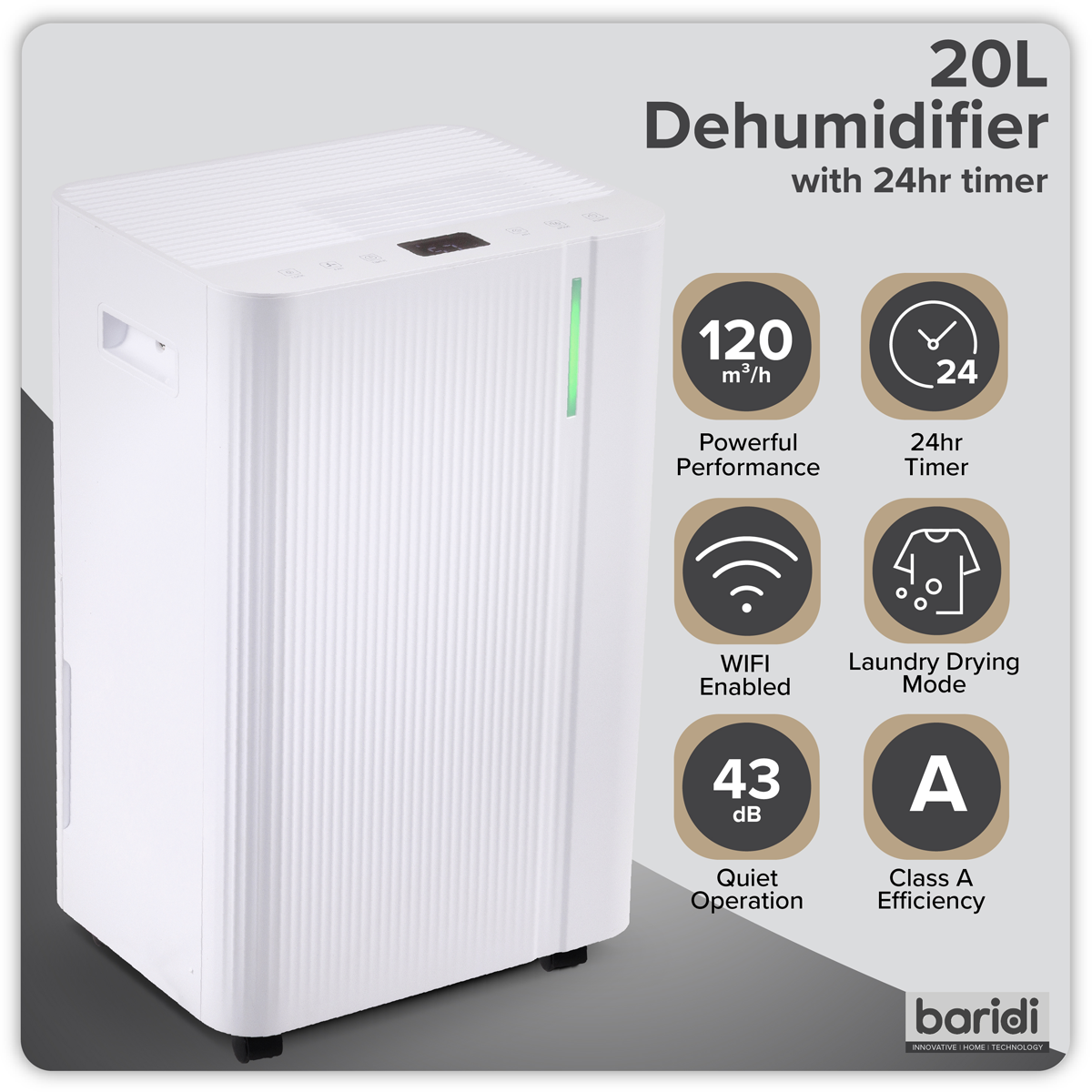 Dehumidifier with Digital Display & 24hr Timer 20L - White DH148