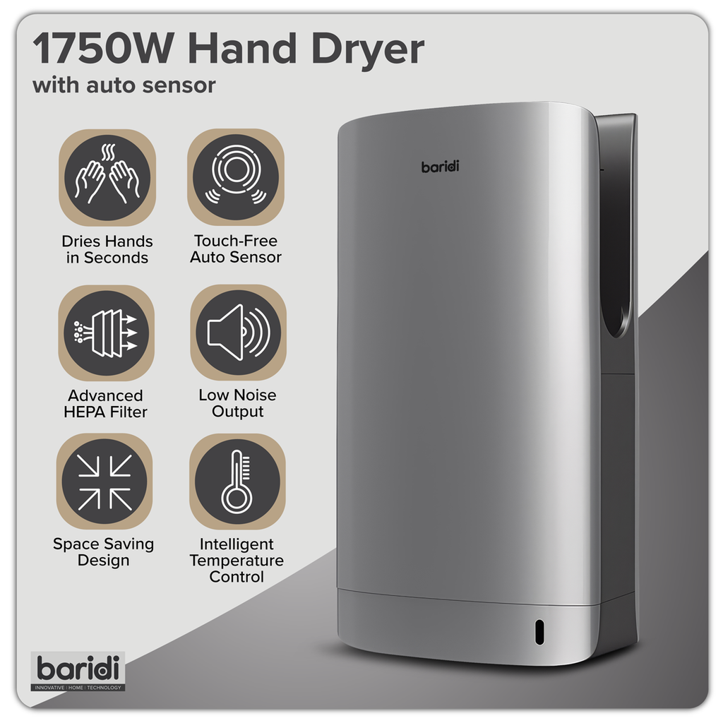 Hand Dryer with HEPA Filter & Auto-Sensor 1750W/230V - Silver DH150
