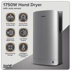 Hand Dryer with HEPA Filter & Auto-Sensor 1750W/230V - Silver DH150