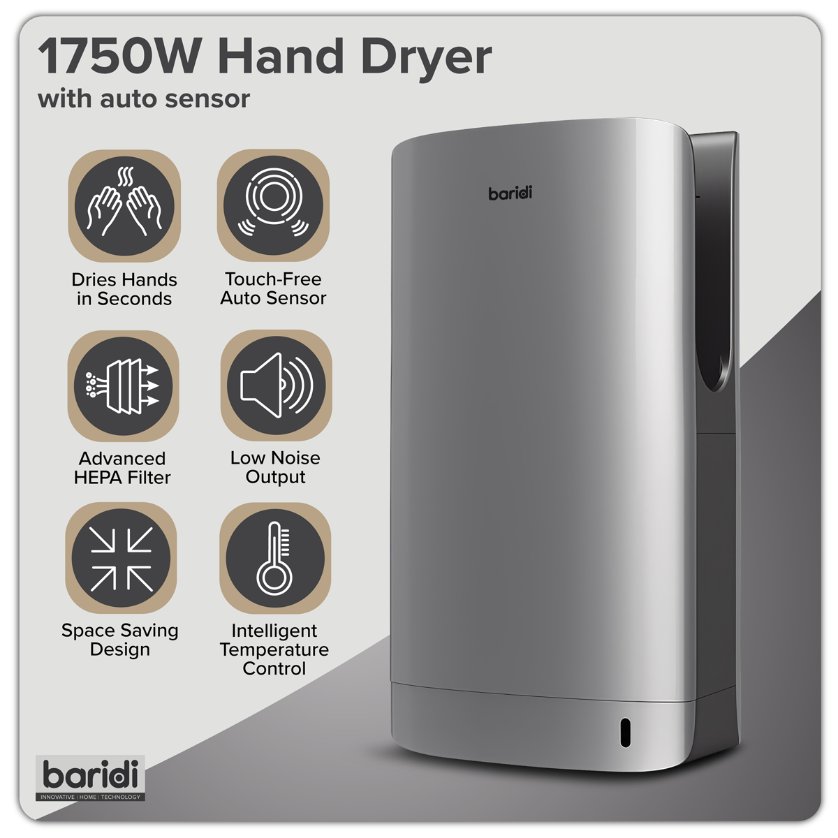 Hand Dryer with HEPA Filter & Auto-Sensor 1750W/230V - Silver DH150