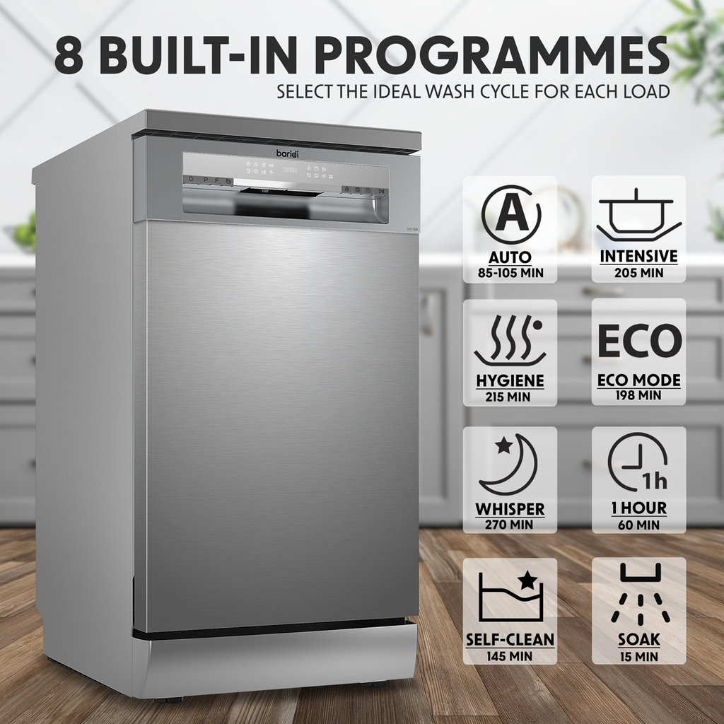 Slimline Freestanding Dishwasher 45cm Wide 10 Place Settings - Silver DH166