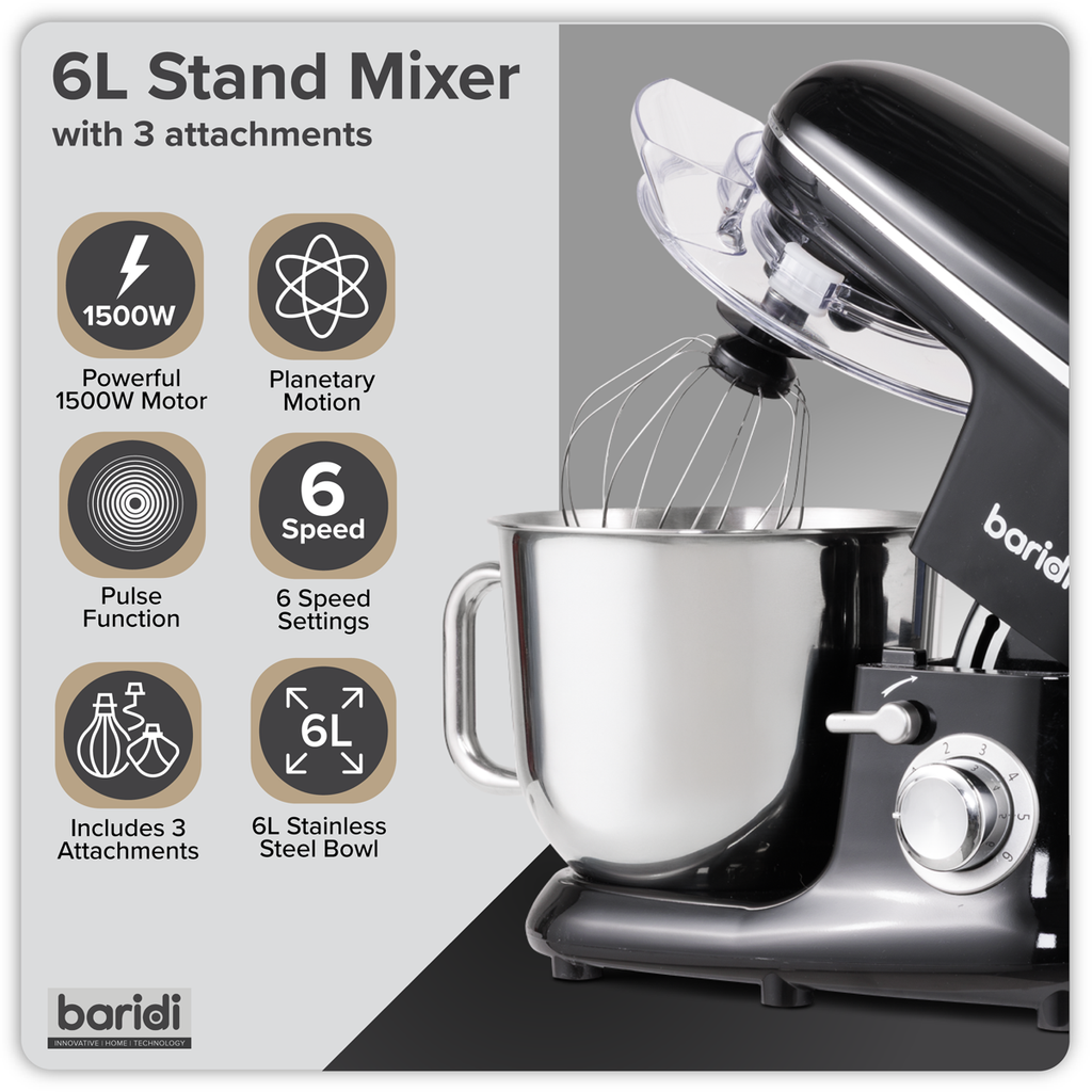 1500W Stand Mixer with Accessories 6L - Black DH173
