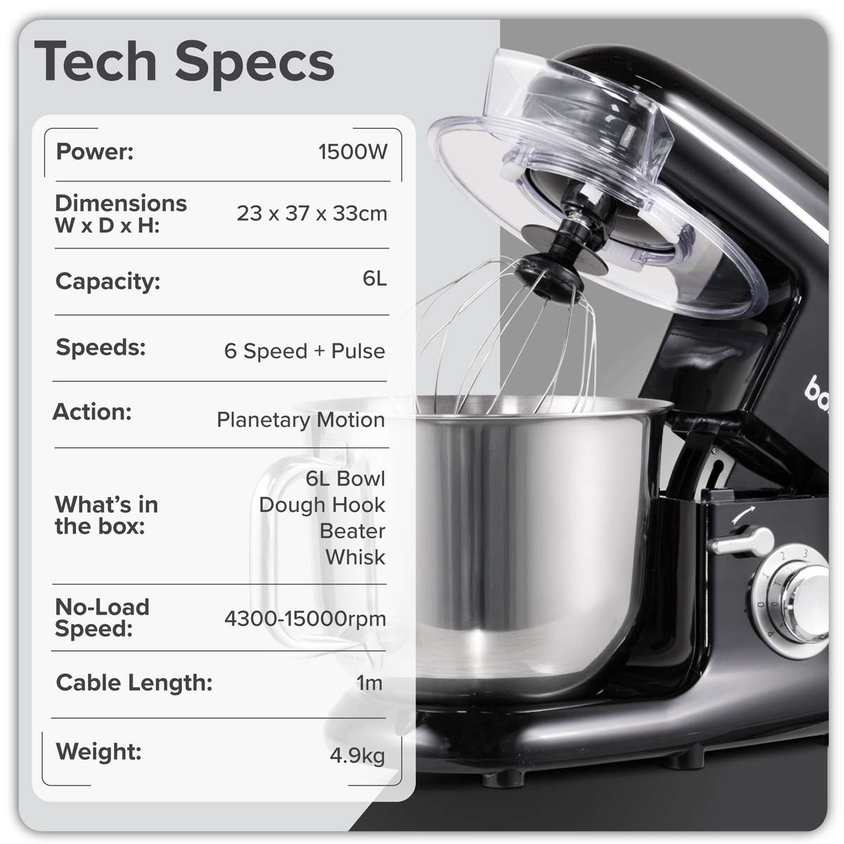 1500W Stand Mixer with Accessories 6L - Black DH173