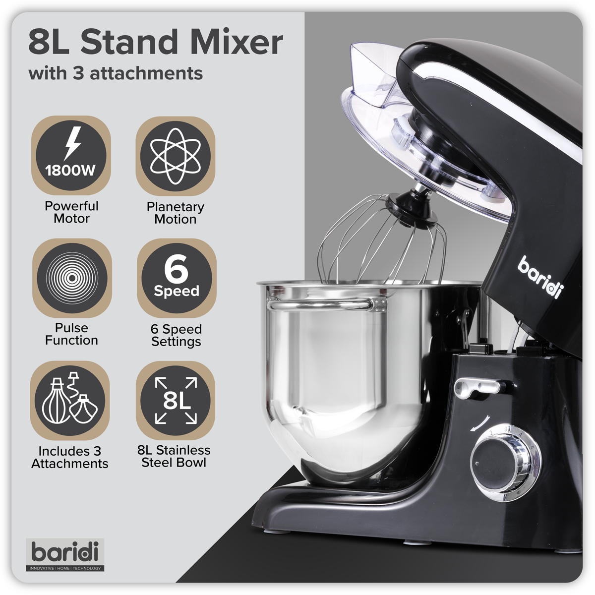 1800W Stand Mixer with Accessories 8L - Black DH174