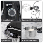 1800W Stand Mixer with Accessories 8L - Black DH174