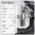 1800W Stand Mixer with Accessories 8L - Black DH174