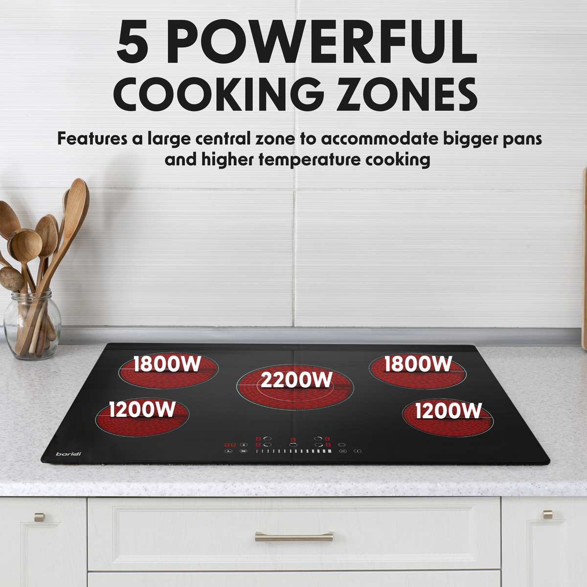 Integrated Ceramic Hob with 5 Cooking Zones 77cm - Black Glass DH175