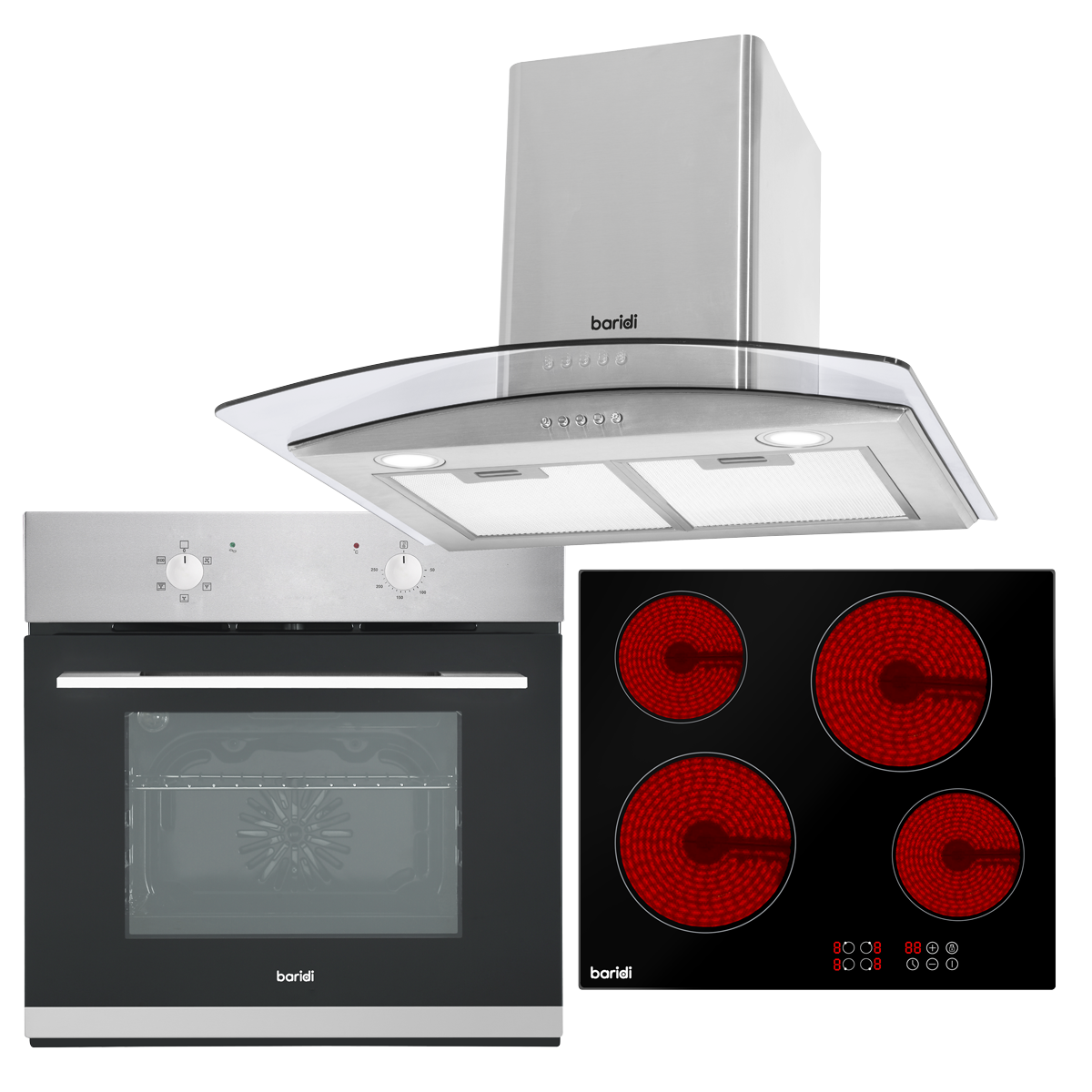 Integrated Ceramic Hob with 4 Cooking Zones, Integrated Fan-Assisted Electric Oven & Curved Glass Cooker Hood with Carbon Filters & LED Lights DH187