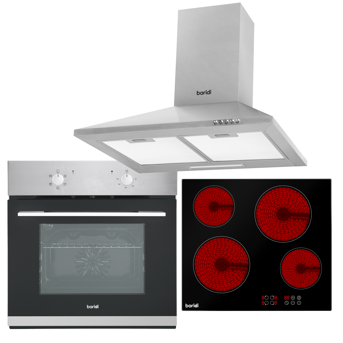 Integrated Ceramic Hob with 4 Cooking Zones, Integrated Fan-Assisted Electric Oven & Cooker Hood with Carbon Filters DH188
