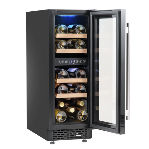 17 Bottle Dual Zone Slim Built-In 30cm Wine Cooler with Touchscreen Controls, Beech Wood Shelves & LED Light - Black DH204