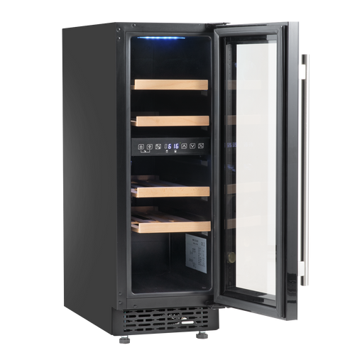 17 Bottle Dual Zone Slim Built-In 30cm Wine Cooler with Touchscreen Controls, Beech Wood Shelves & LED Light - Black DH204