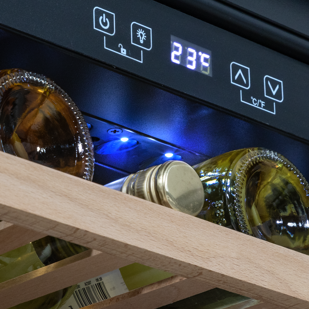 28 Bottle Built-In Wine Cooler with Touchscreen Controls, Beech Wood Shelves & LED Light - Black DH205