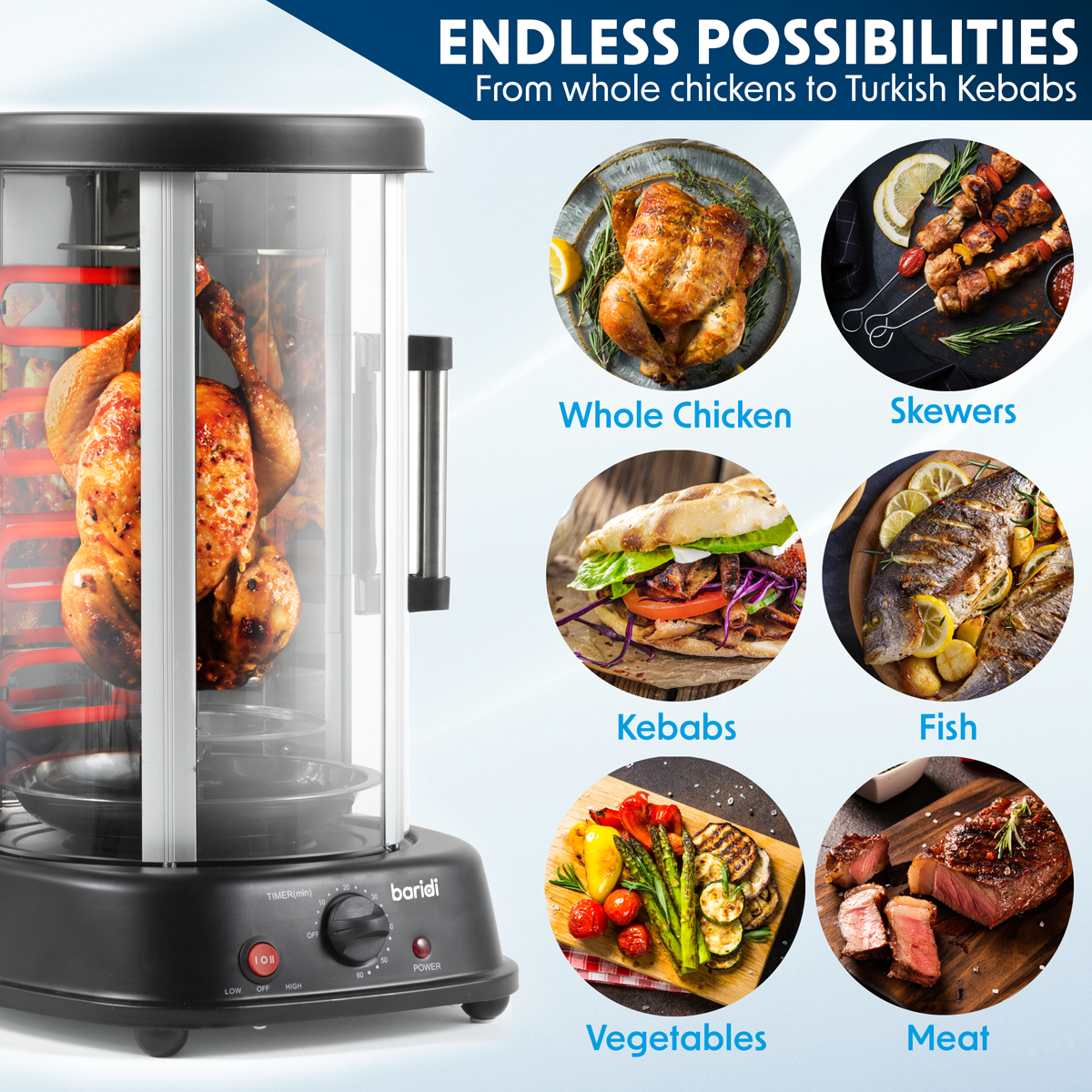 Vertical 360° Rotisserie Smokeless Grill 21L Capacity DH216